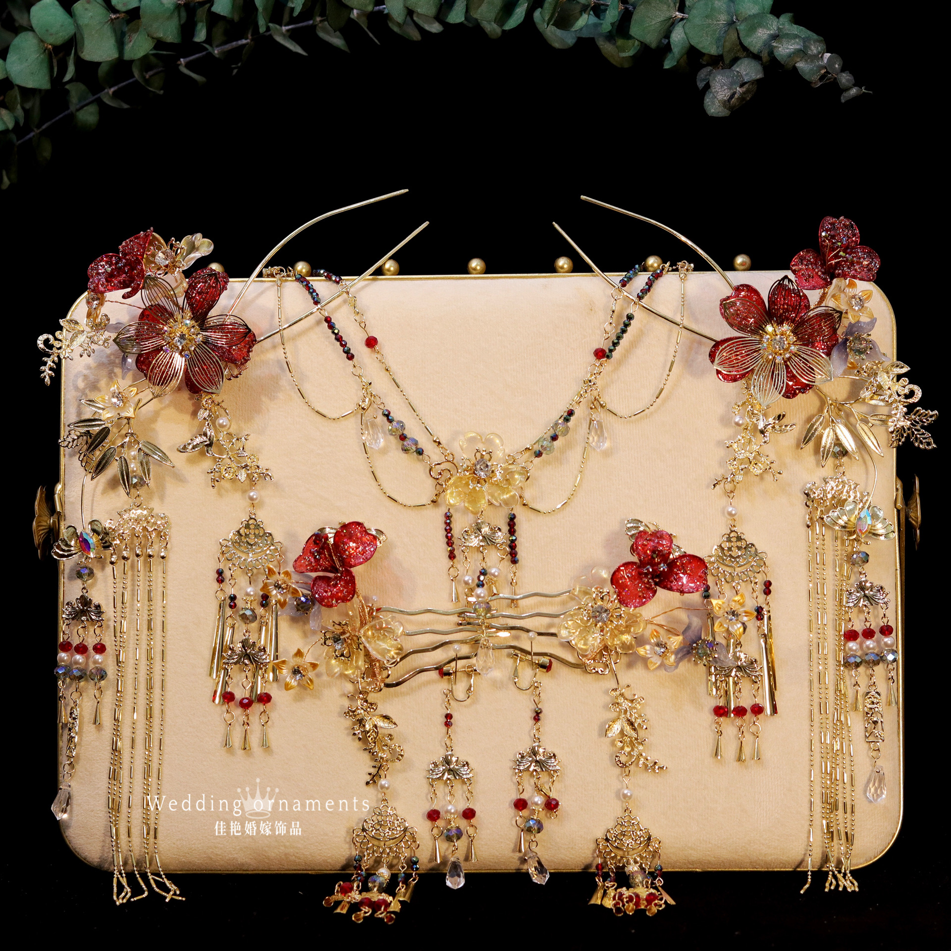 9153新款精致简约红色新中式纯手工制作立体花朵新娘头饰       