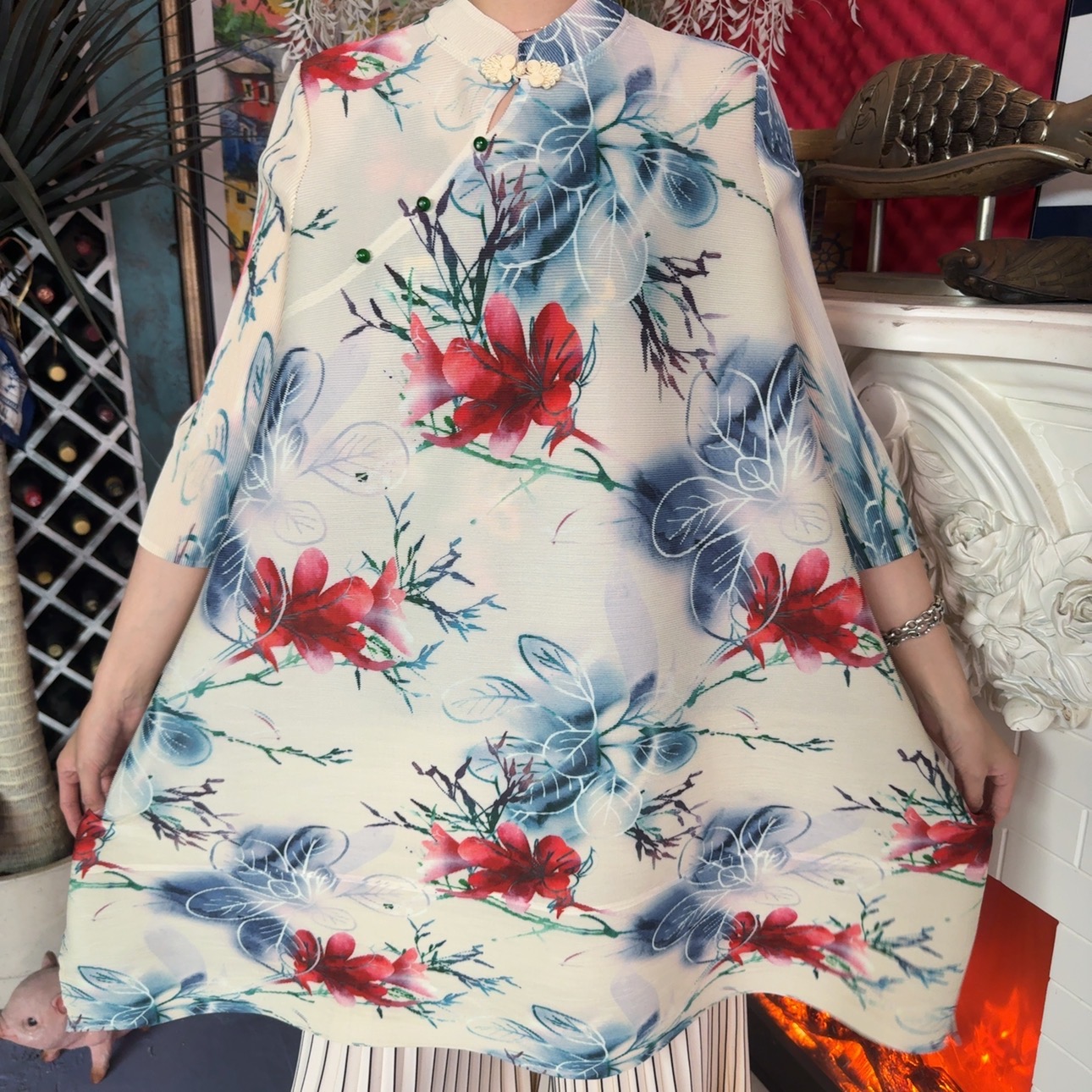 欧洲站褶皱2025夏新款洋气时尚气质印花洋气宽松高端连衣裙LH