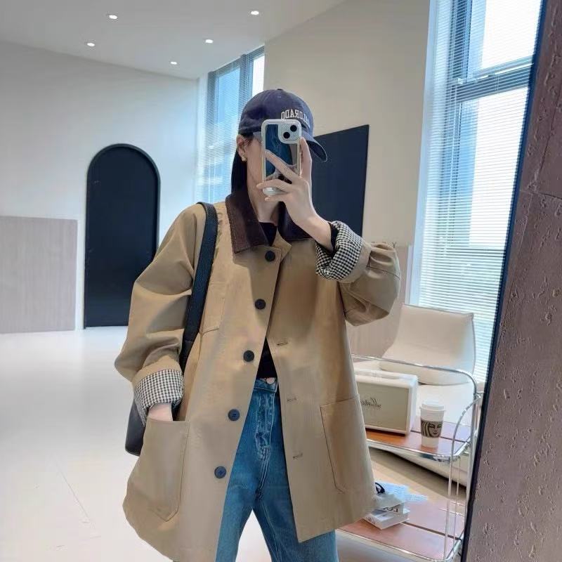 韩系撞色翻领风衣女装2025新宽松慵懒风时尚中长款休闲外套秋季T
