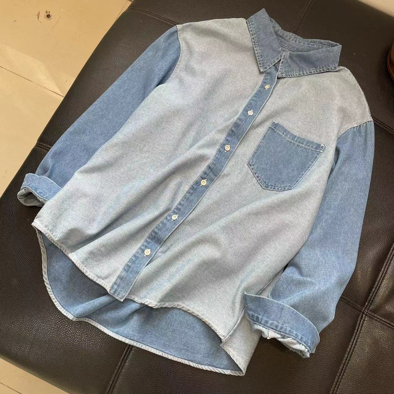 CS202春装新款翻领长袖水洗做旧高品质牛仔衬衫女士