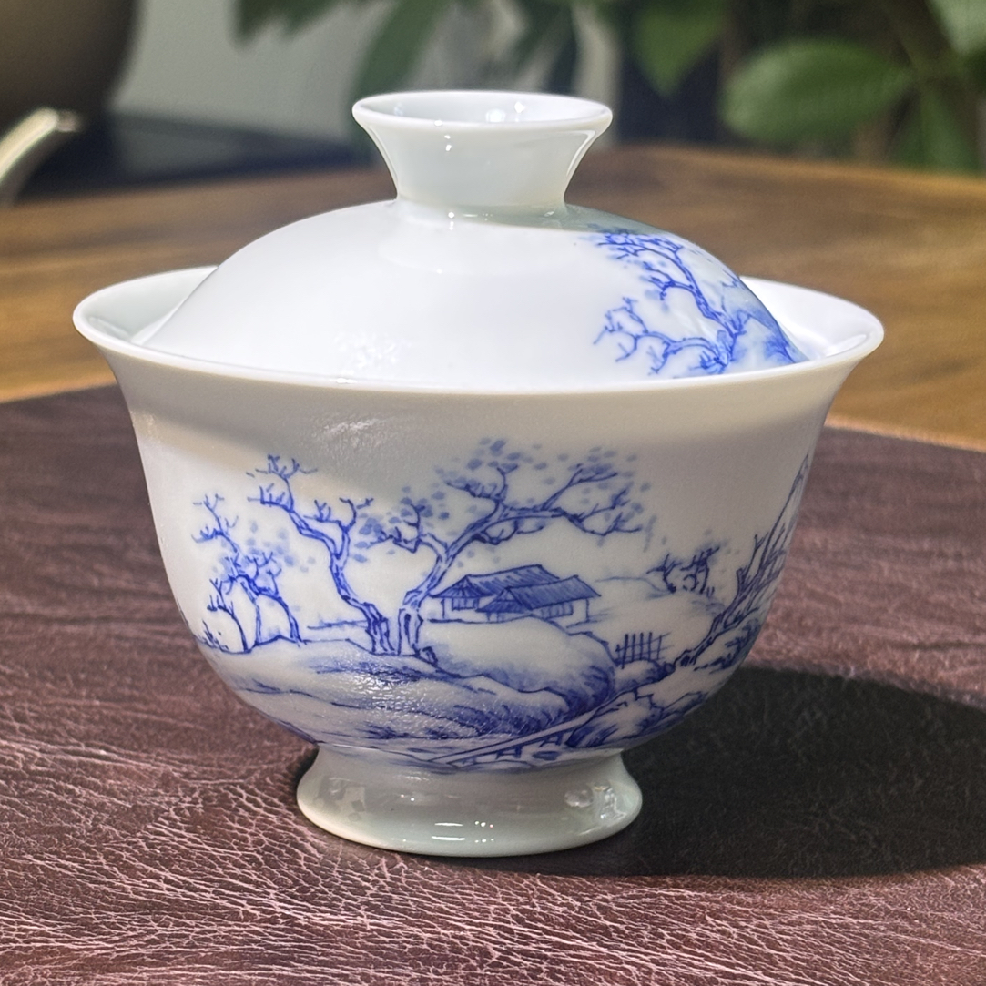 福利青花手绘宋画山水盖碗
