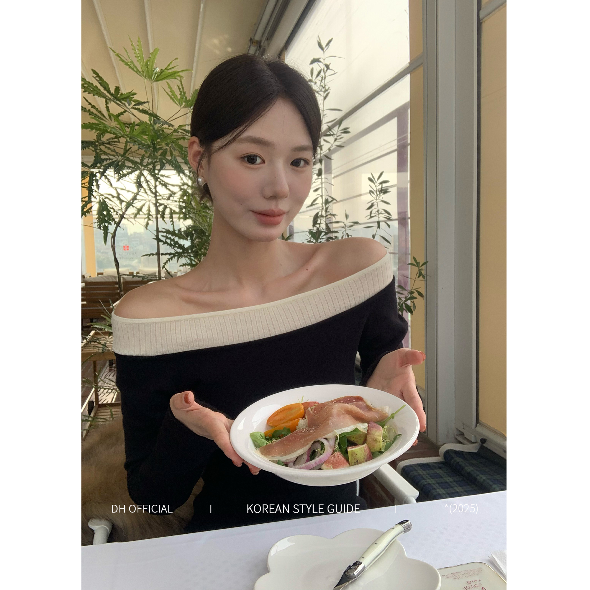 DH 大花【冷调巴黎 Paris】优雅一字肩腰间缩褶显瘦抗起球针织毛衣