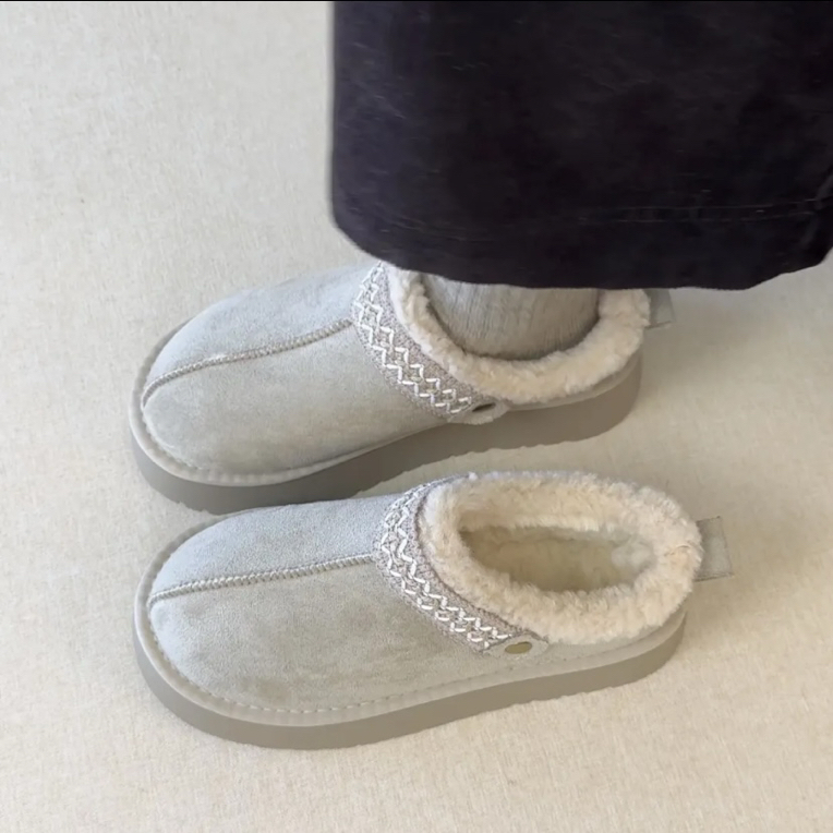 5cm毛绒厚底一脚蹬半拖鞋女2025新款冬季加绒保暖勃肯两穿雪地棉