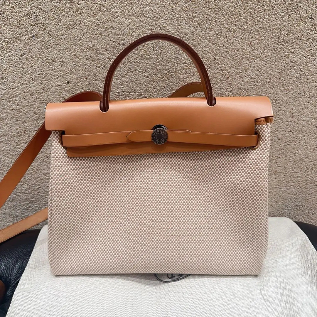 99新 Hermes/爱马仕 Herbag31  金棕拼米色银扣 帆布拼色Y 刻