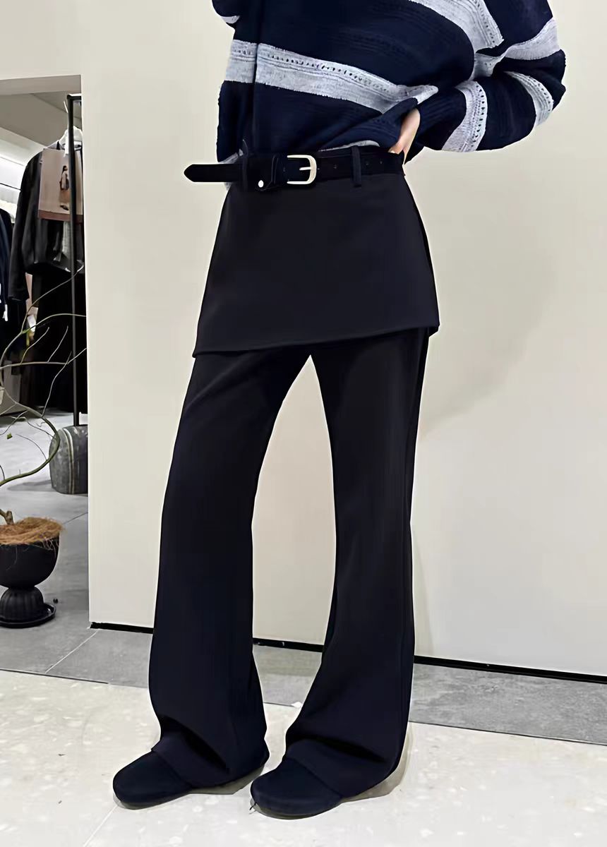 5851显瘦百搭休闲拼接腰带直筒长裤高腰休闲裤高弹冬季