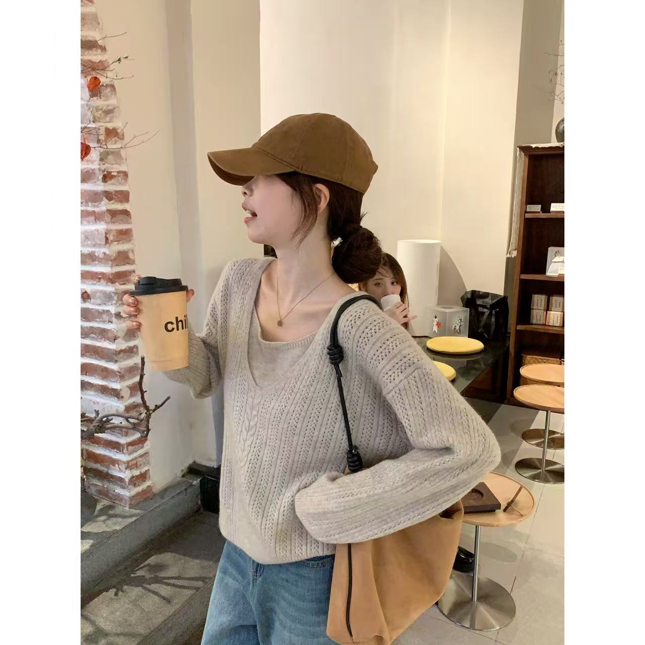 【C·Cai】慵懒风松弛感休闲套装3008#镂空长袖+吊带内搭两件套