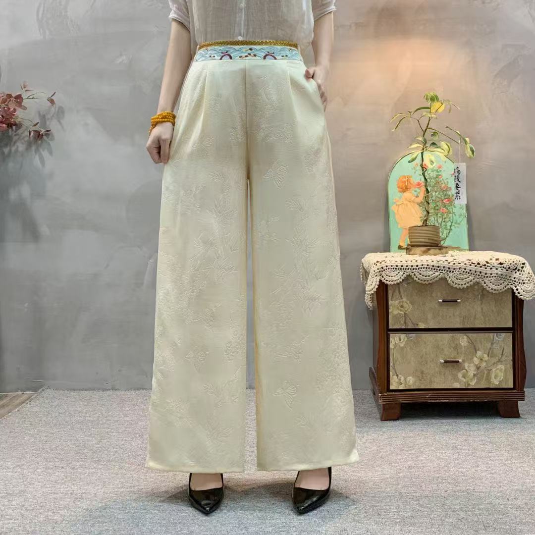 新中式国风复古文艺刺绣高腰裤子女夏冰丝缎面提花休闲直筒阔腿裤
