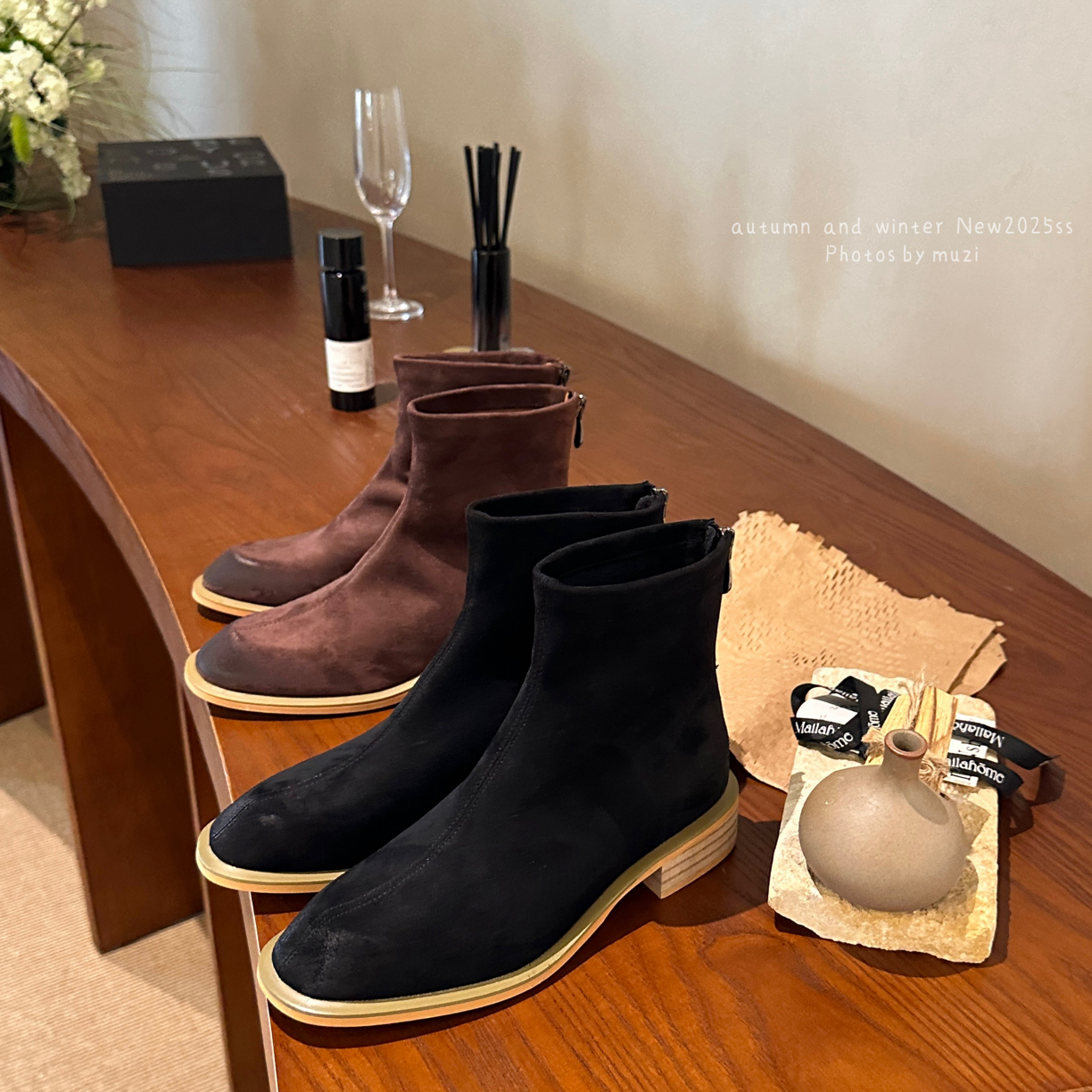 新款法式复古方头粗跟短靴瘦瘦靴秋冬靴子女英伦风马丁靴切尔西