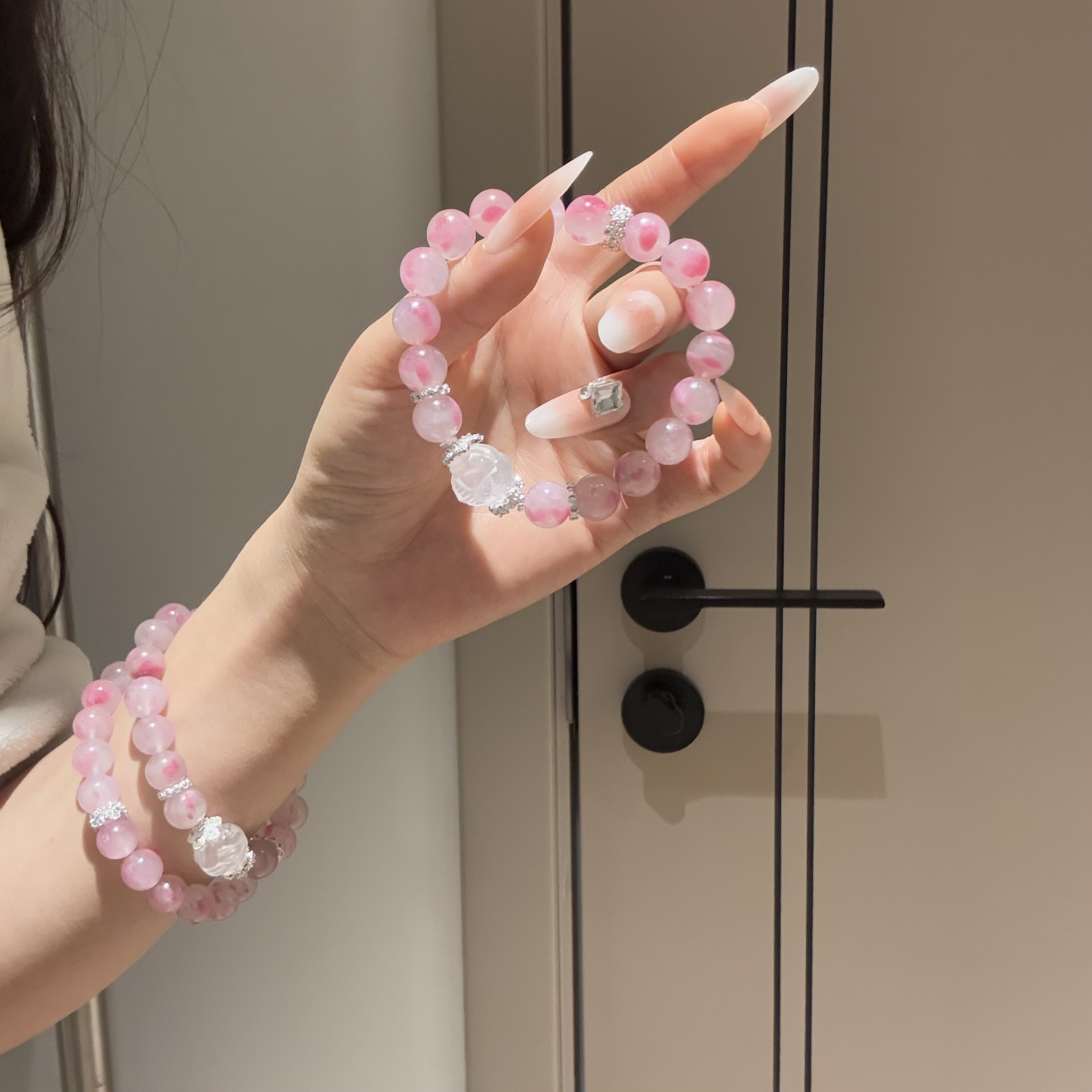 【村村有晶】DIY天然樱花粉晶九尾狐球手链桃花朵朵多样性发一