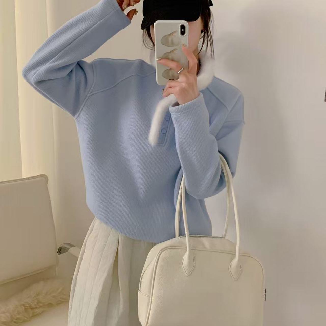 小雅姐姐 韩系加绒毛毛半摁扣抽绳慵懒风立领卫衣KI07