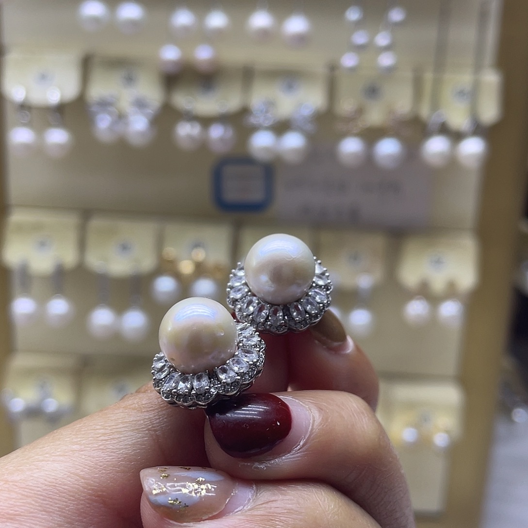 耳饰银S925镶嵌淡水珍珠