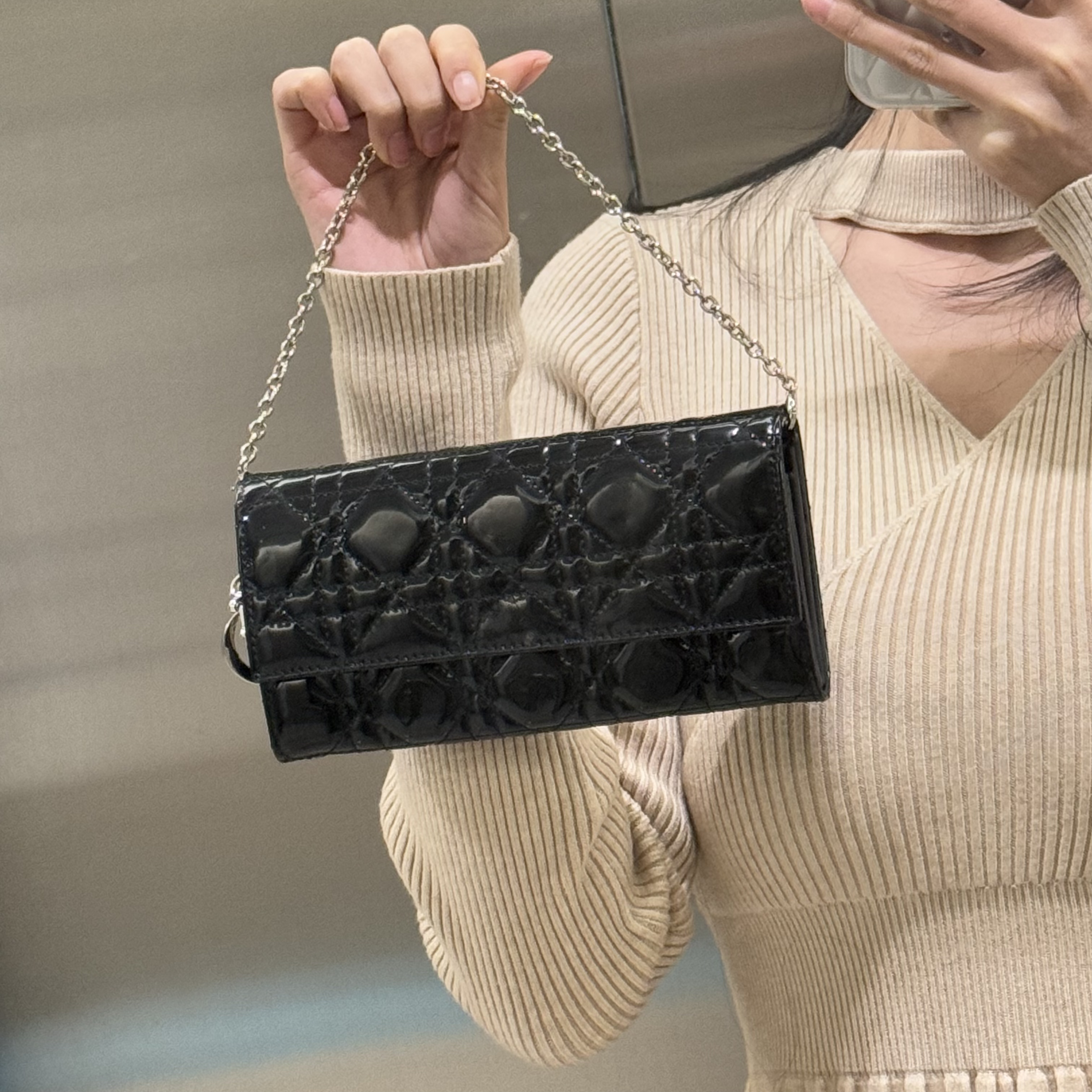 95新 DIOR/迪奥 dior黑色漆皮五格链条包