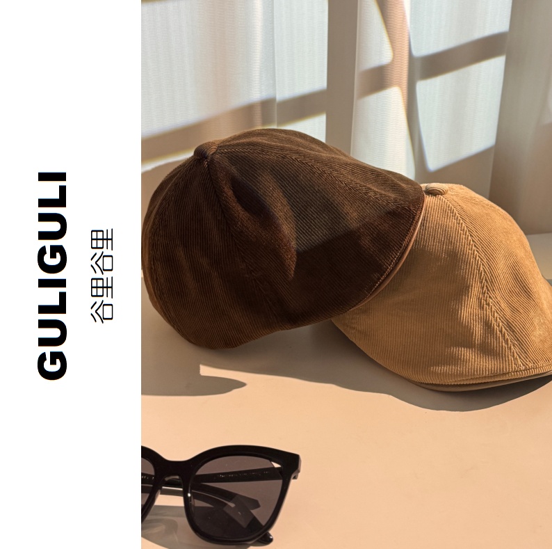 灯芯绒前进帽·短檐咖色卡其贝雷帽时尚百搭帽子复古女款秋冬日系