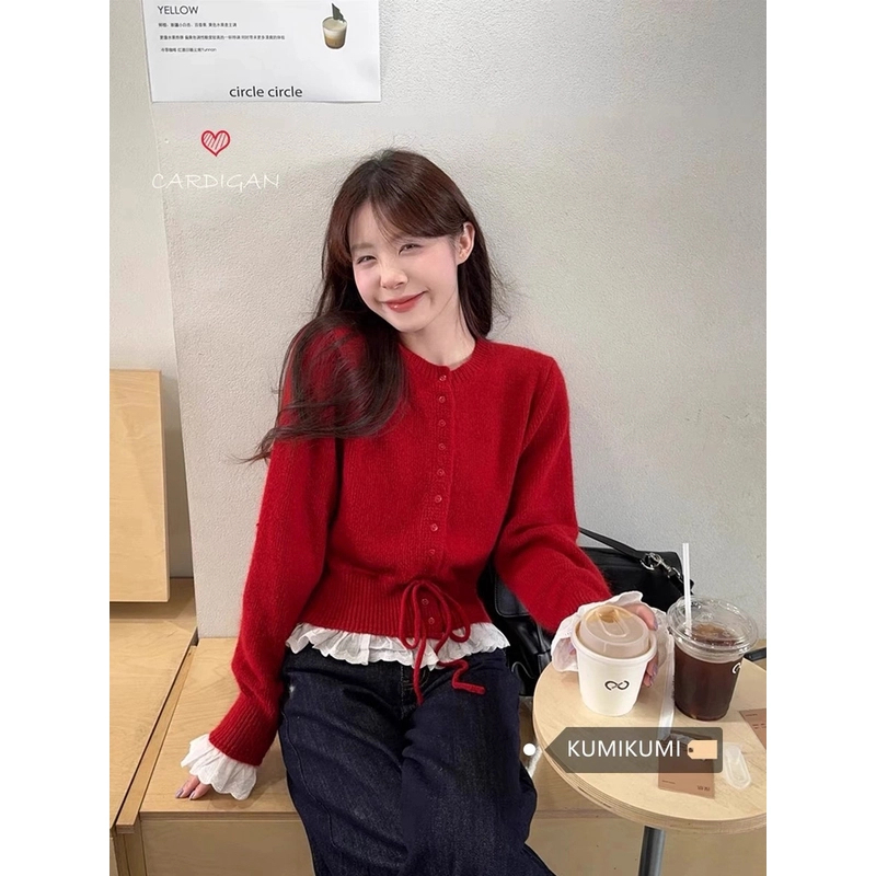 芭蕾少女新年红色针织衫毛衣冬季甜美设计感荷叶边系带针织衫