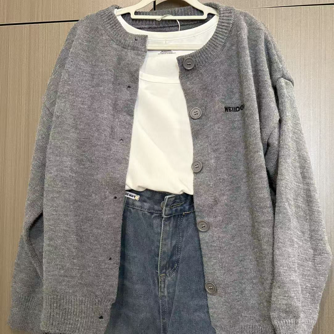 秋冬新款加厚针织宽松慵懒风刺绣字母长袖开衫外套上衣女