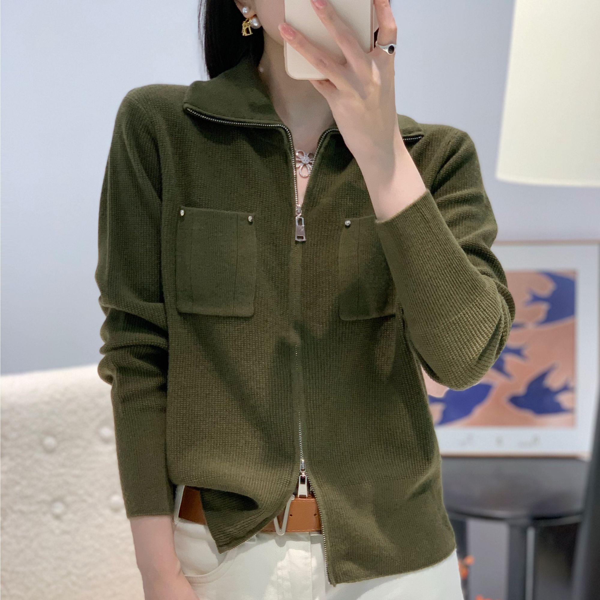 大瑶895冬季新款100%羊毛气质百搭双拉链高领立领针织开衫