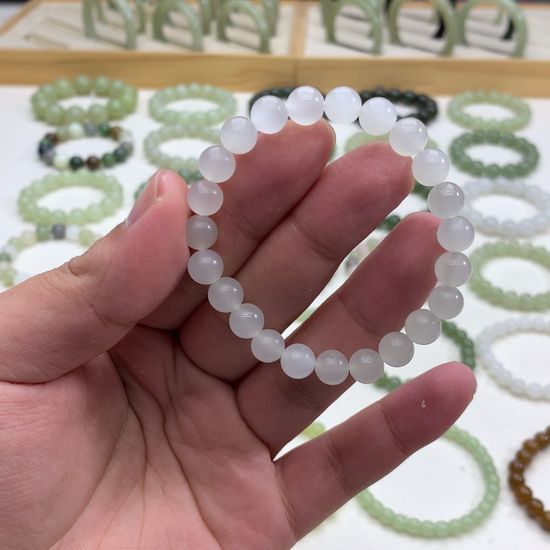 和田玉手串（冰白玉8）未镶嵌