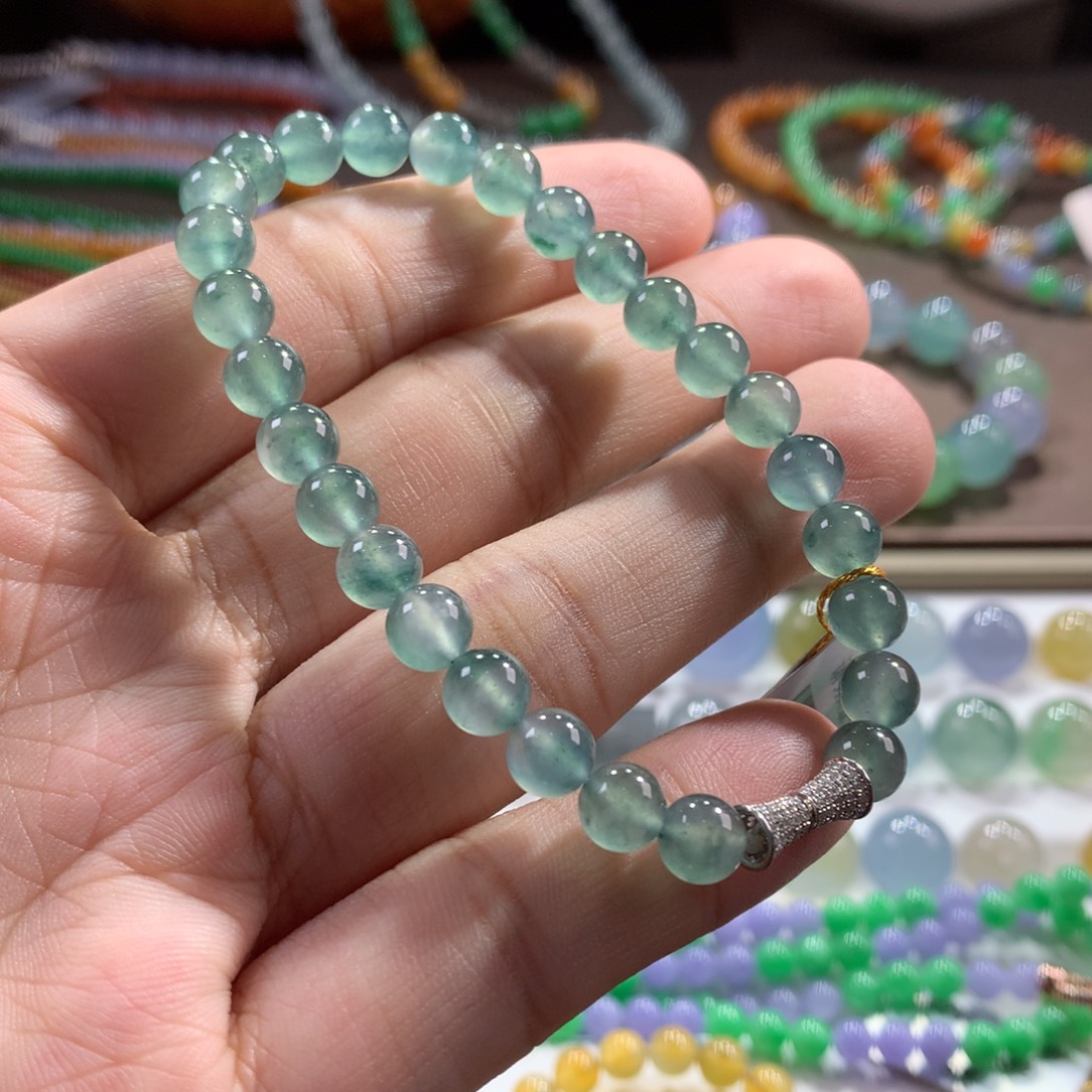 翡翠未镶嵌手链精品老种高冰玻蓝水飘花单圈卡6