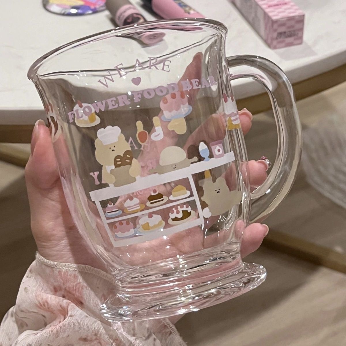 【拍一发二】可爱小熊蛋糕卡通玻璃杯大容量水杯办公室家用牛奶杯