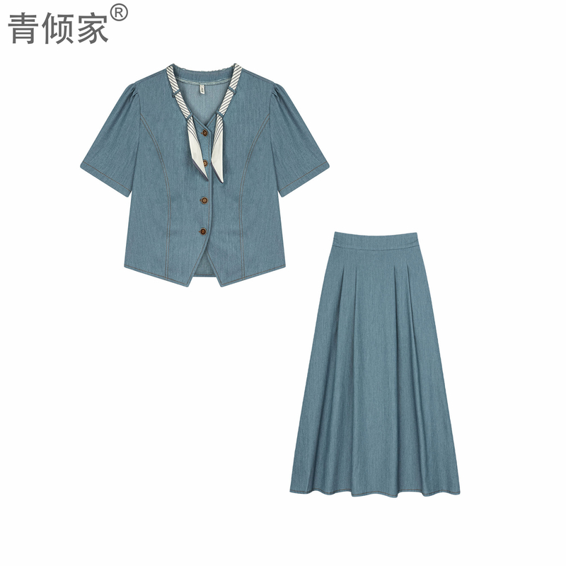 青倾家【海盐白沙】短袖大码裙子套装夏季新款时尚仿牛仔两件套裙