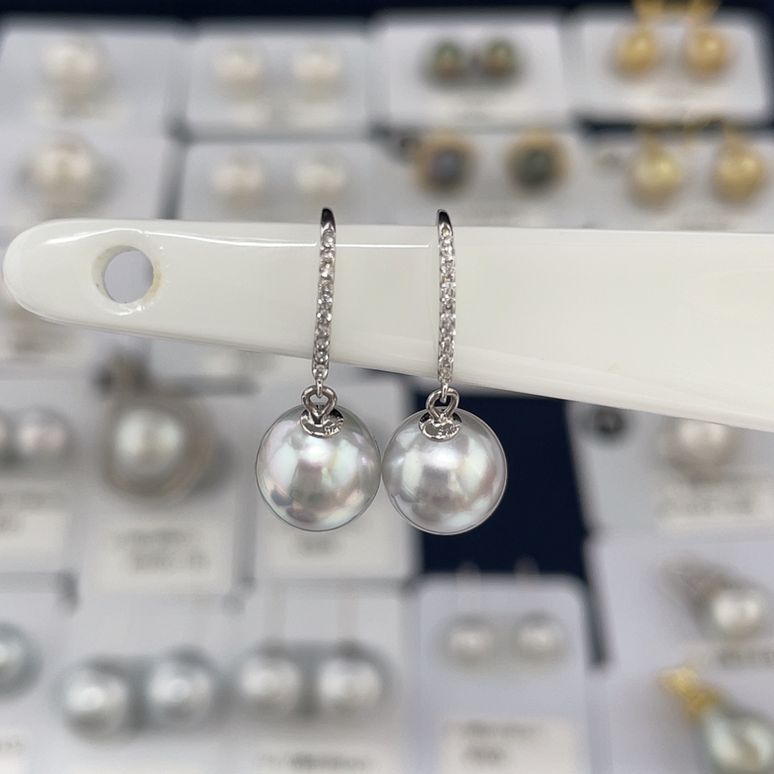 海水珍珠银S925镶嵌8-9澳白银蓝耳勾款