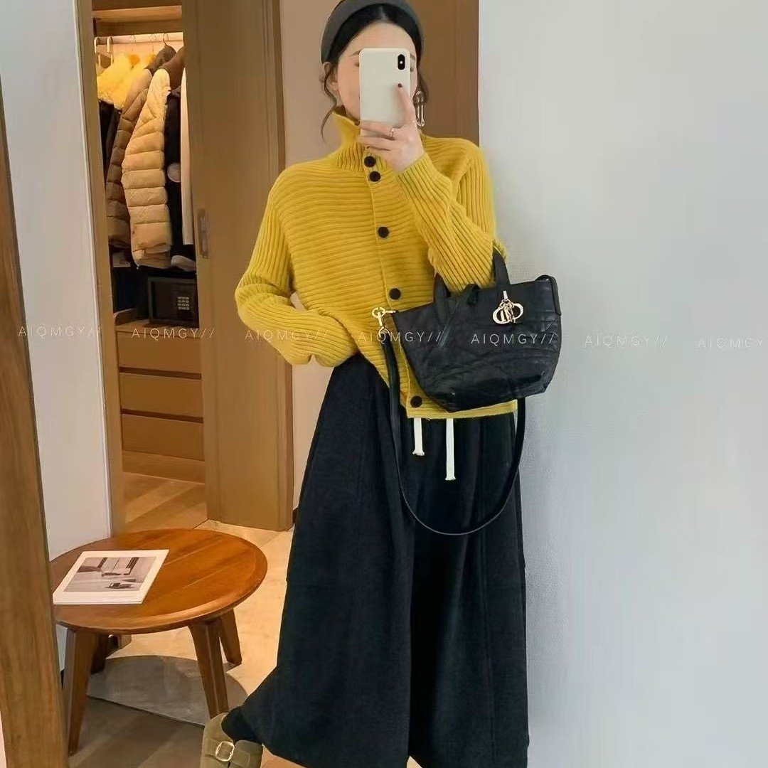 女士韩系复古坑条高领毛针织开衫新款百搭女装外套169