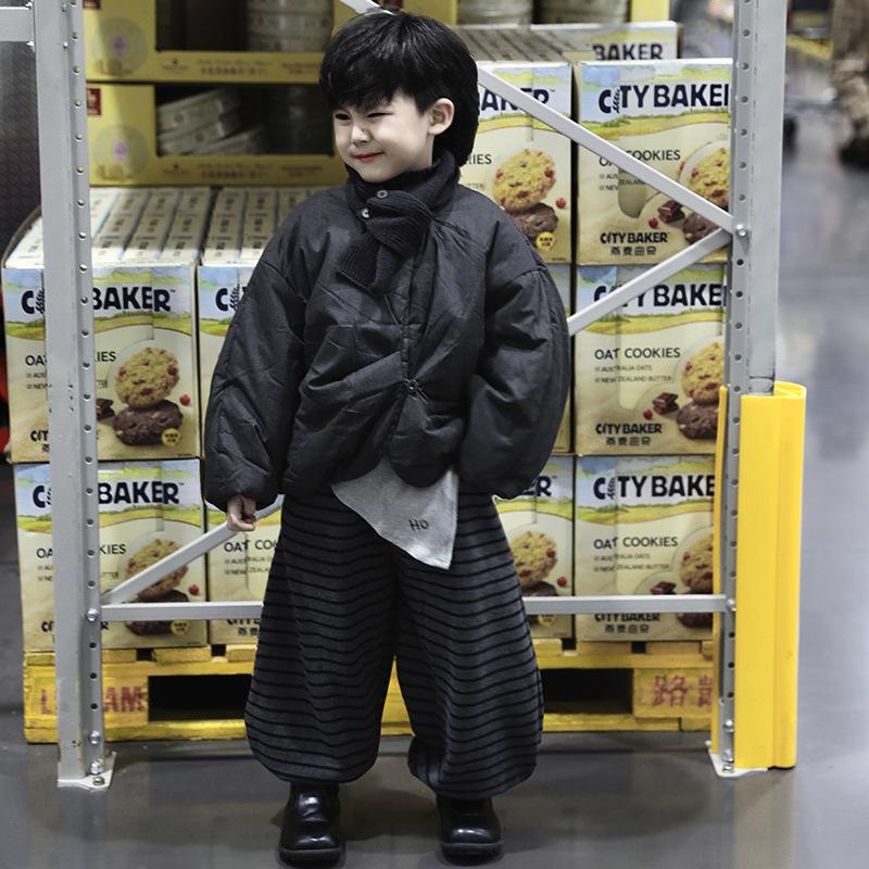 儿童冬季加绒加厚两件套2025新款面包服棉衣加绒条纹束脚裤两件套