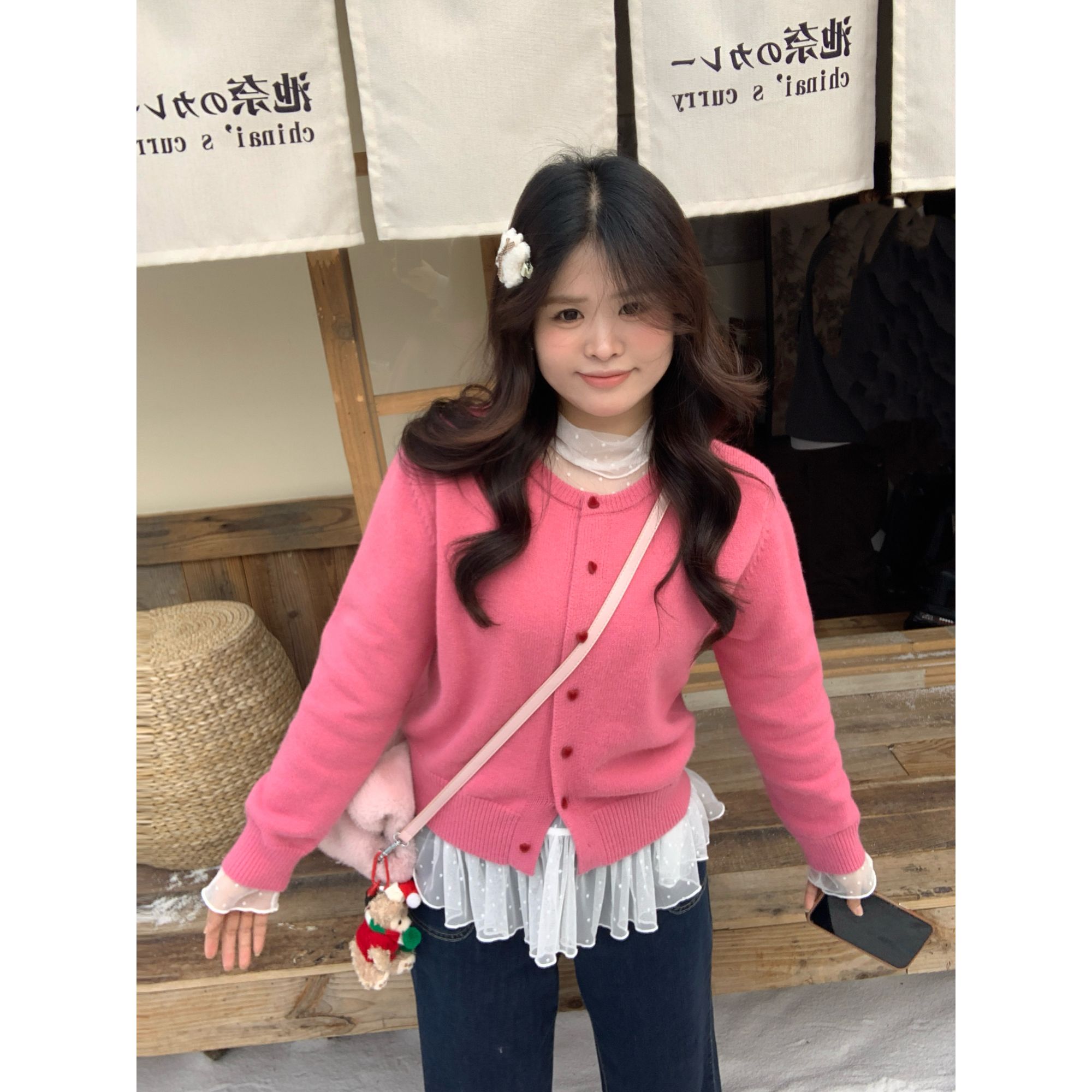 【布丁奶酪】大头婷丫丫微胖树莓粉针织开衫搭蕾丝内搭套装 ZX205