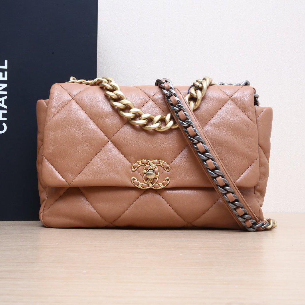 95新 Chanel/香奈儿 小花双双 19BAG 口盖包 中号 焦糖色 30开