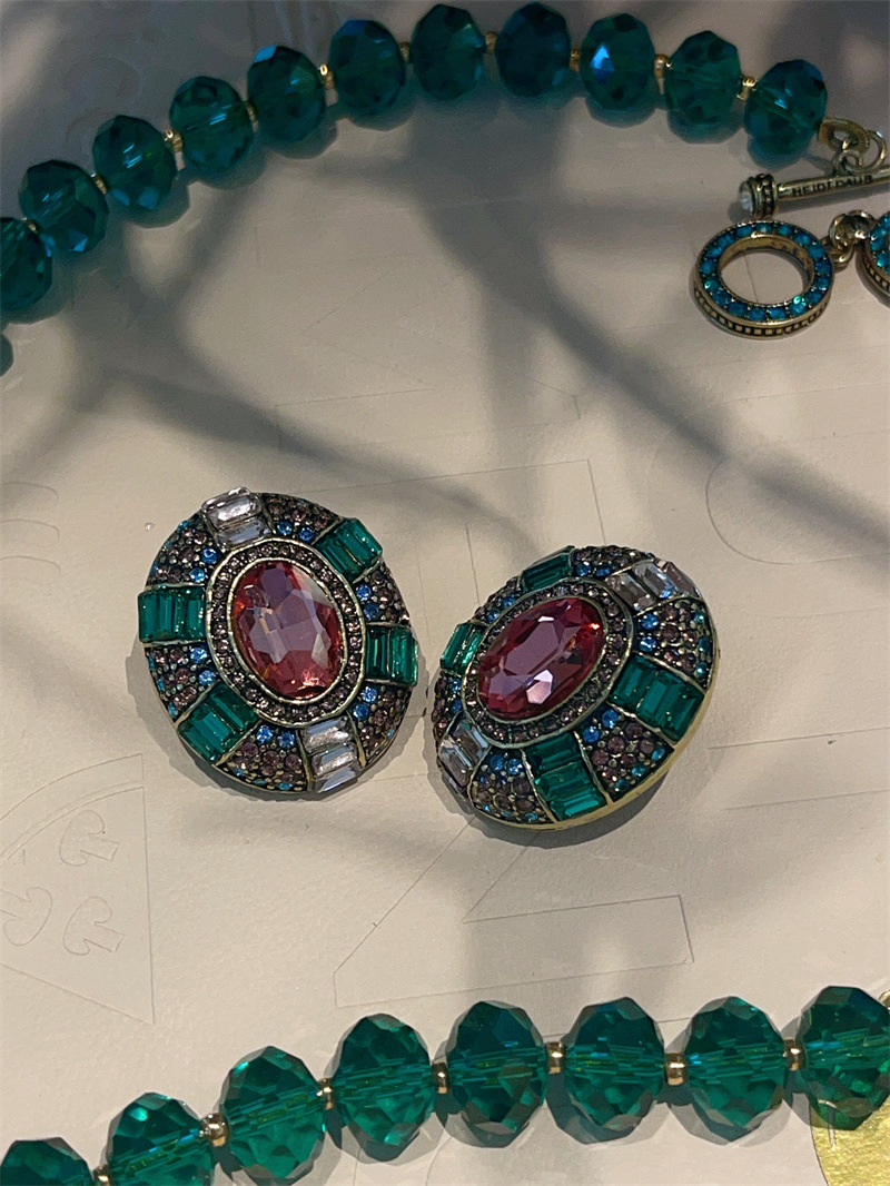 铜合金锆石耳饰 合金耳饰  复古重工高质感绿彩色耳钉