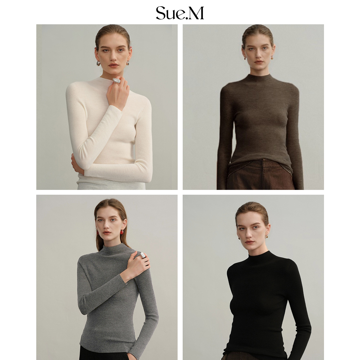 Sue.m针织半高领打底衫一体成型打底高领毛衣女25秋冬修身百搭