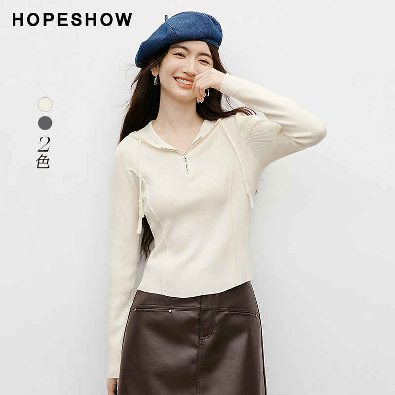 红袖2025冬季女装 不对称结构线正肩抽绳连帽领针织衫90125310102