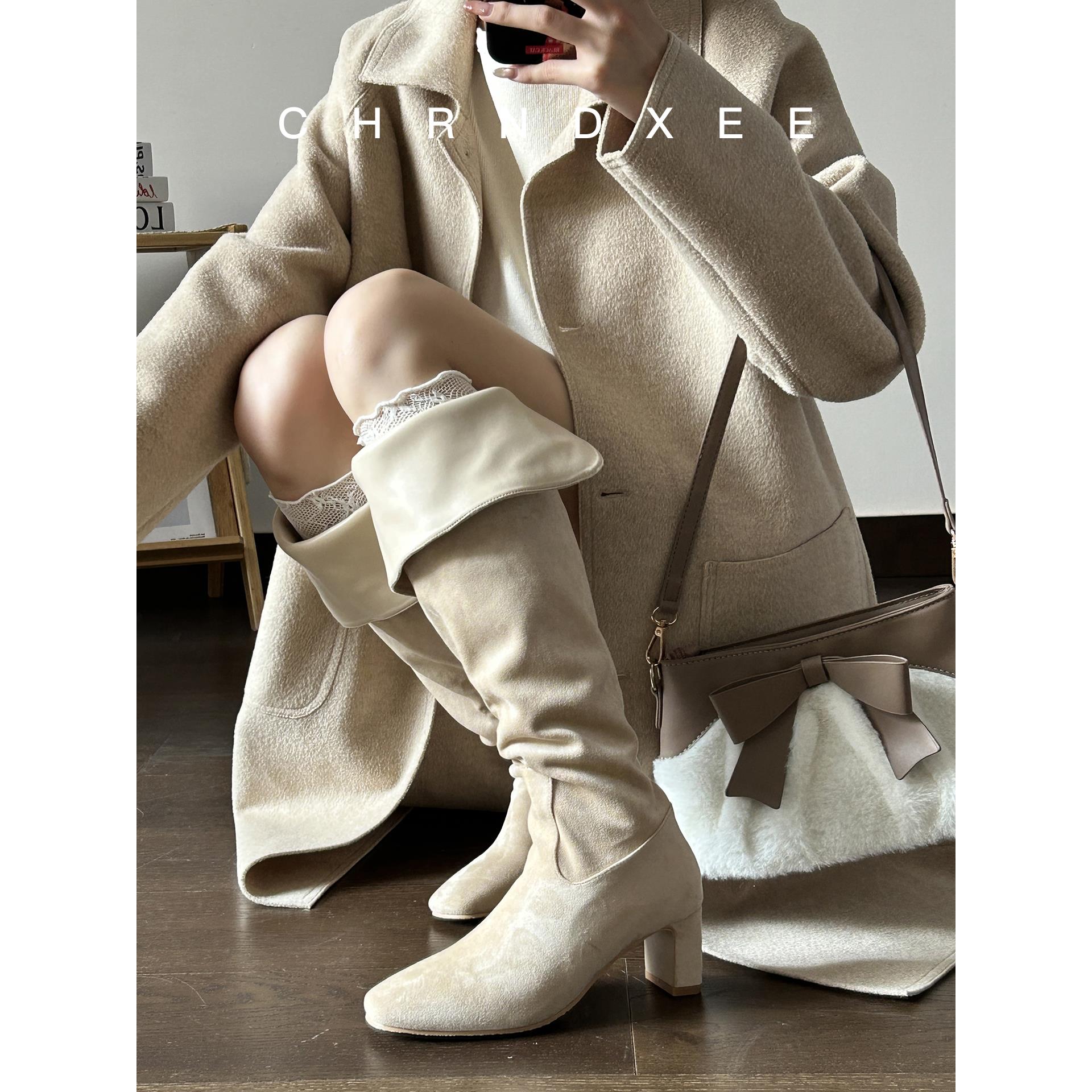 牛皮版~翻折两穿绒面长筒靴女2025新款高筒靴方头粗跟西部牛仔靴