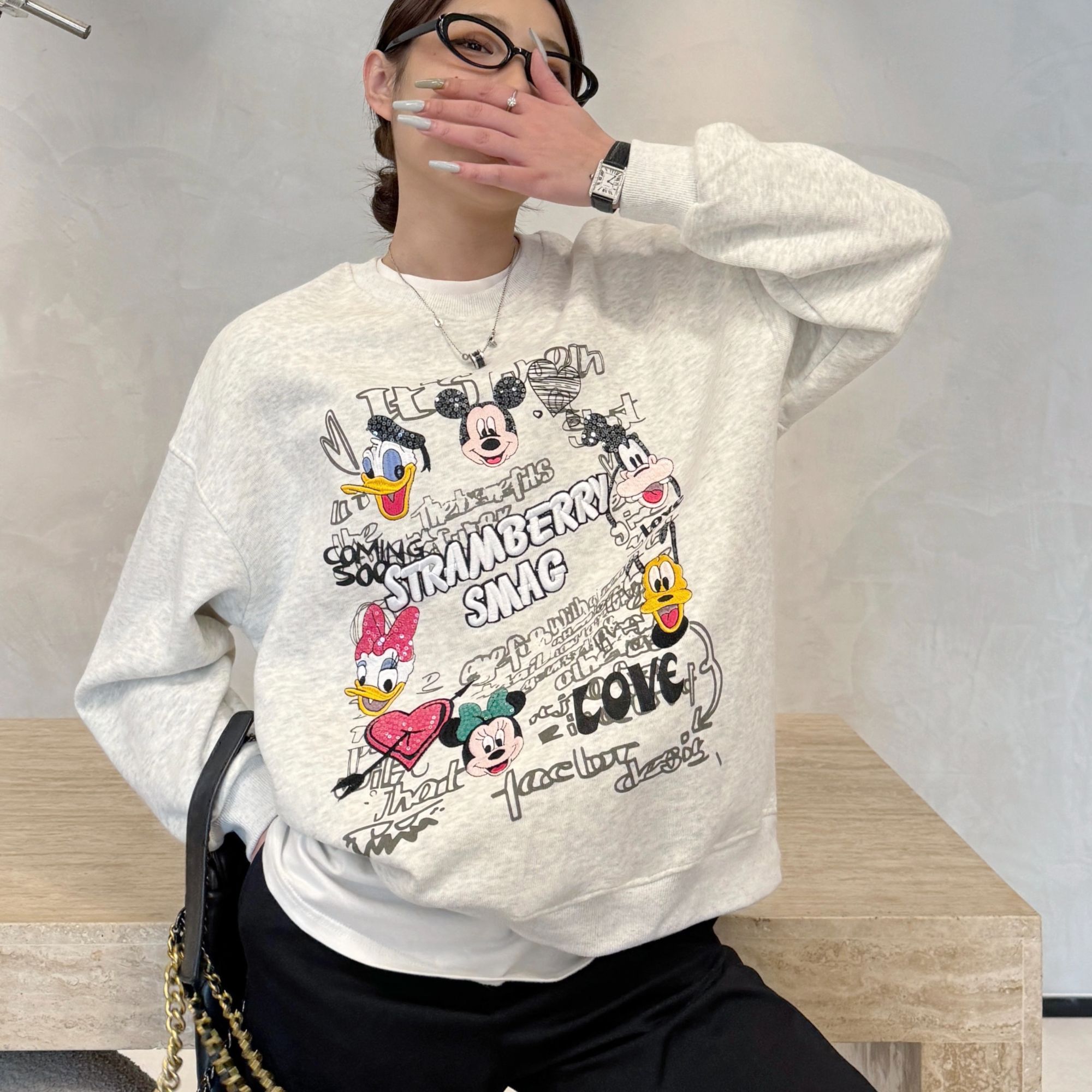 韩系小众卡通重工刺绣动物家族圆领拼接卫衣男女情侣宽松慵懒上衣