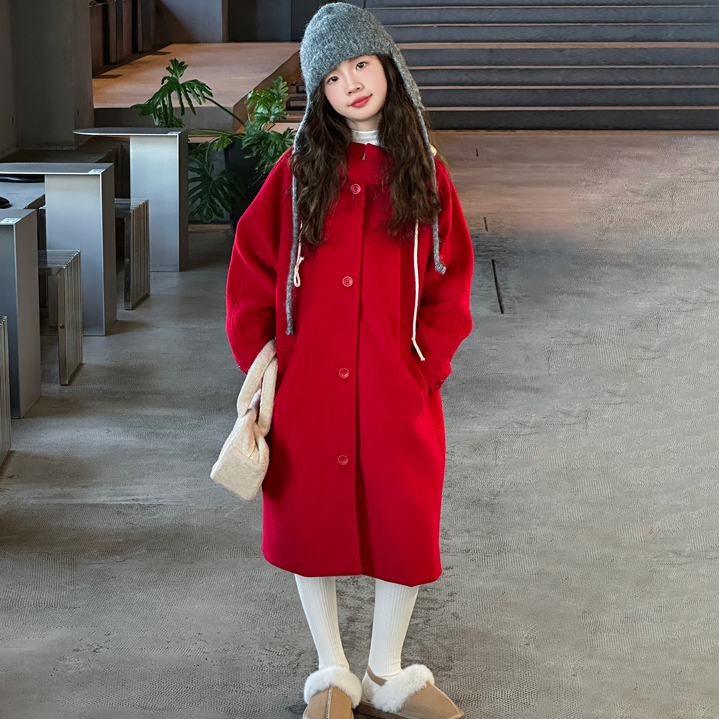 女童红色中长款毛呢大衣秋冬款2025新款冬季儿童女孩大童呢子大衣