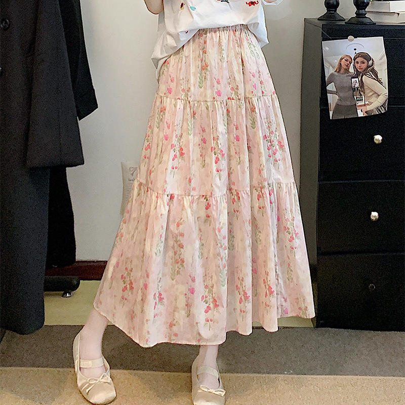 花岛海屿复古粉调碎花半身裙女春夏小个子温柔氛围伞裙