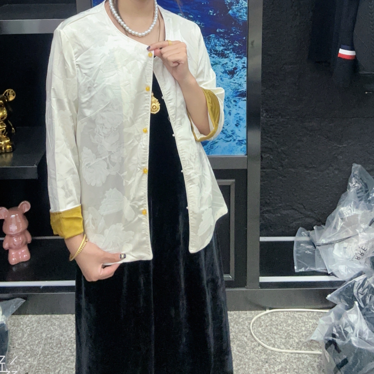 新中式单排扣秋季女圆领短外套时尚提花夏季西服气质连衣裙两件套