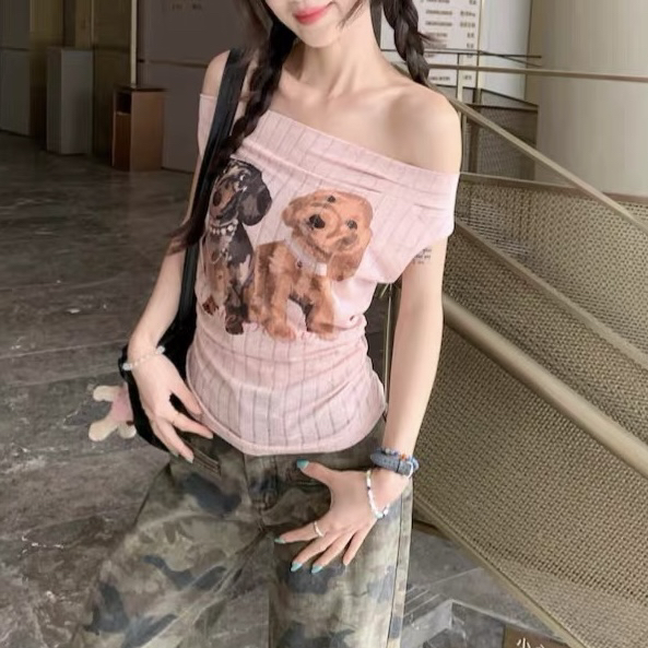 【小黄梨】纯欲风一字肩小狗印花短袖T恤修身显瘦绝美短款上衣ins
