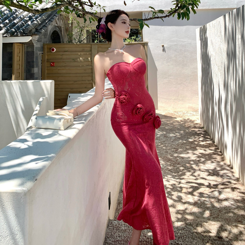 法式绝美氛围感纯欲立体花朵抹胸连衣裙性感修身礼服鱼尾包臀长裙