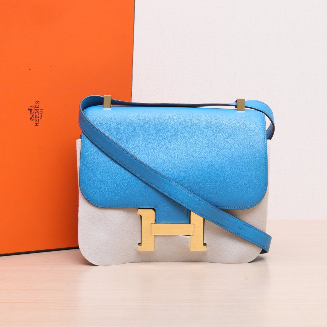 95新 Hermes/爱马仕 小花黑黑 康康 24 坦桑尼亚蓝 A刻 金扣