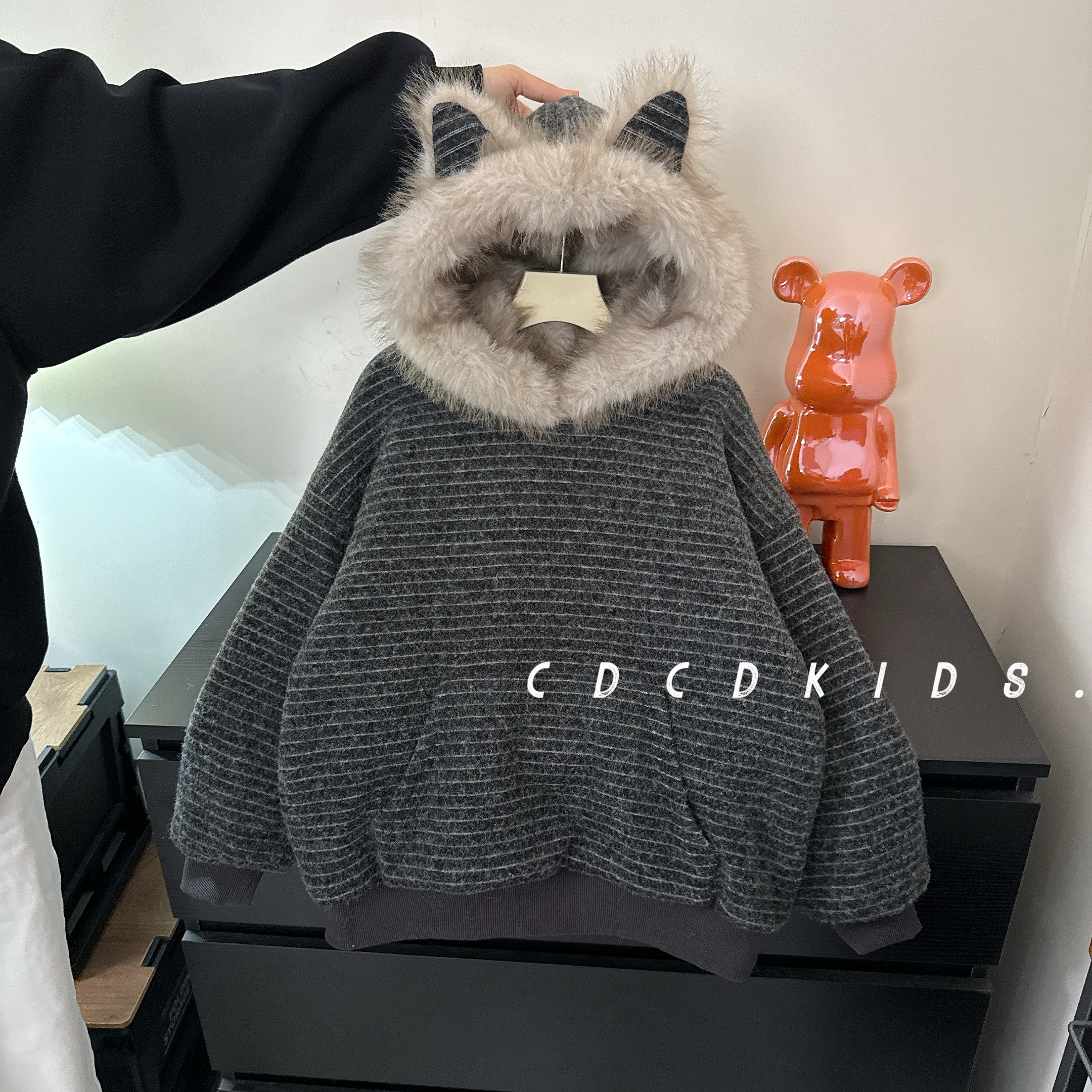 25503儿童连帽外套冬装加绒条纹百搭宽松亲子装男女童装卫衣