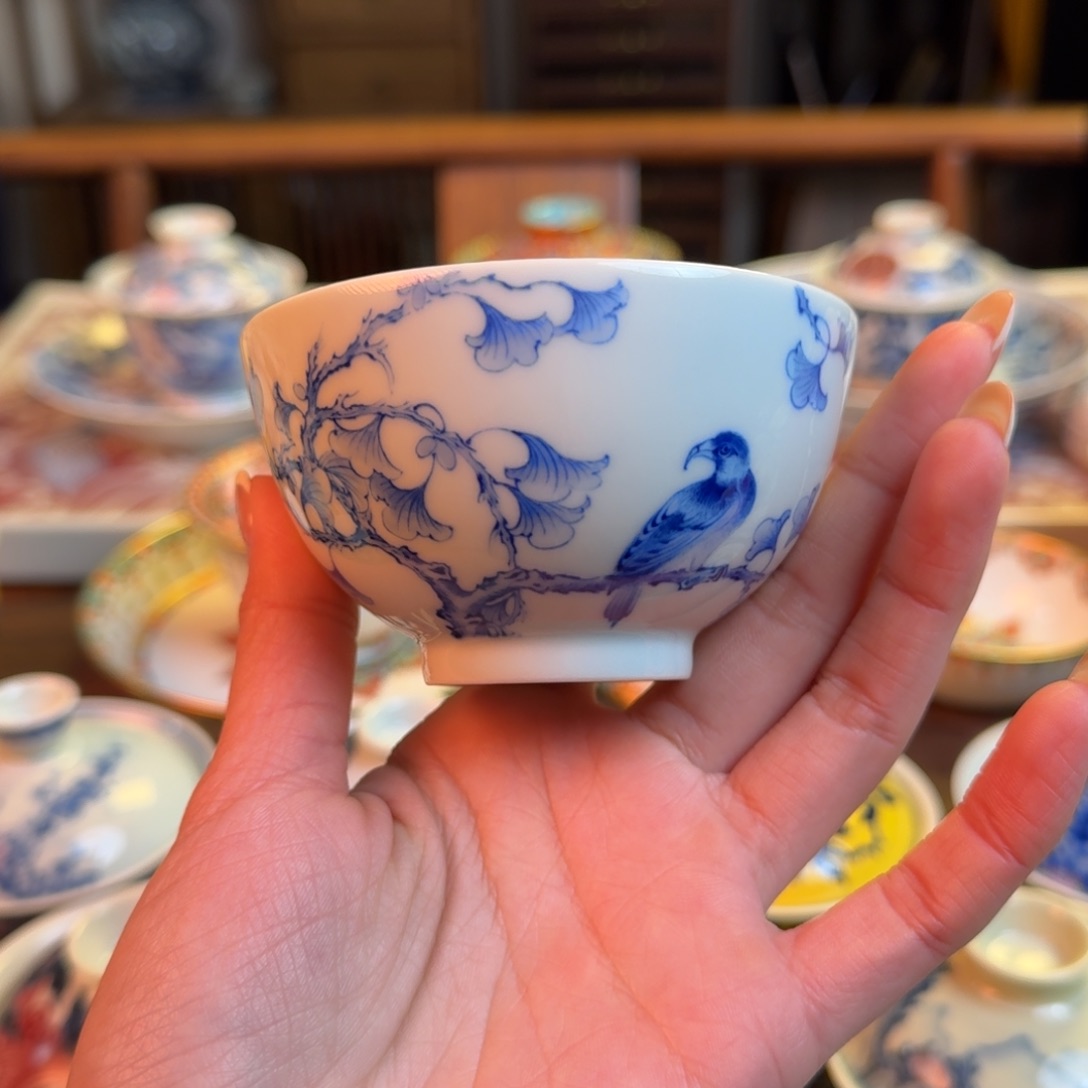 杯重工花鸟杯纯手绘绝版