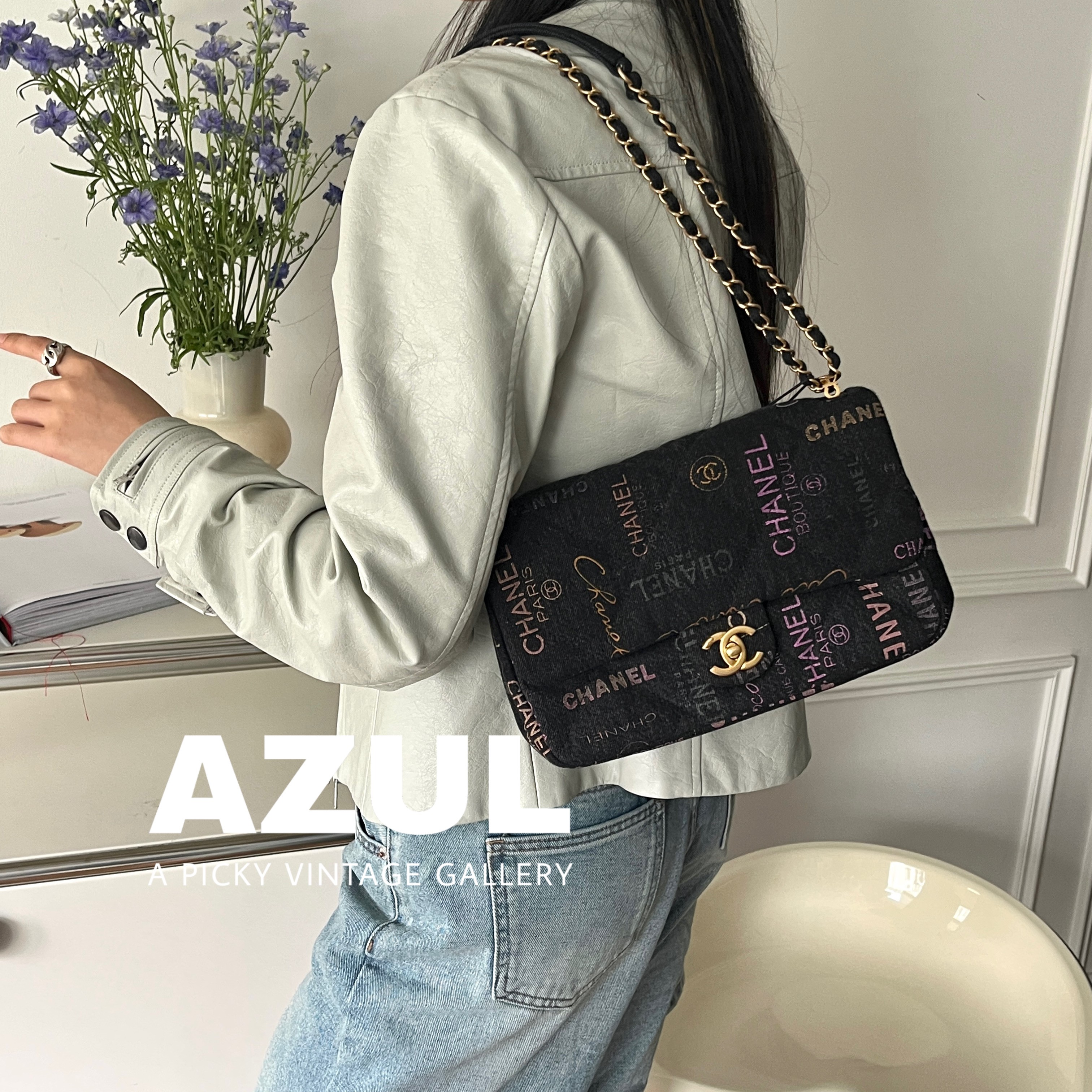 95新 Chanel/香奈儿 22P黑金涂鸦牛仔CF口盖单肩包49374