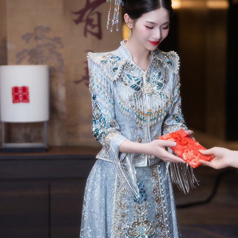 浅色系蓝色秀禾服2025新款新娘喷金和服敬酒服礼服中式婚纱秀禾