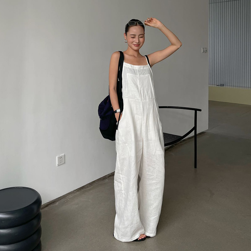 PURITY极简休闲背带裤白色吊带减龄连体裤直筒拖地长款宽松亚麻裤
