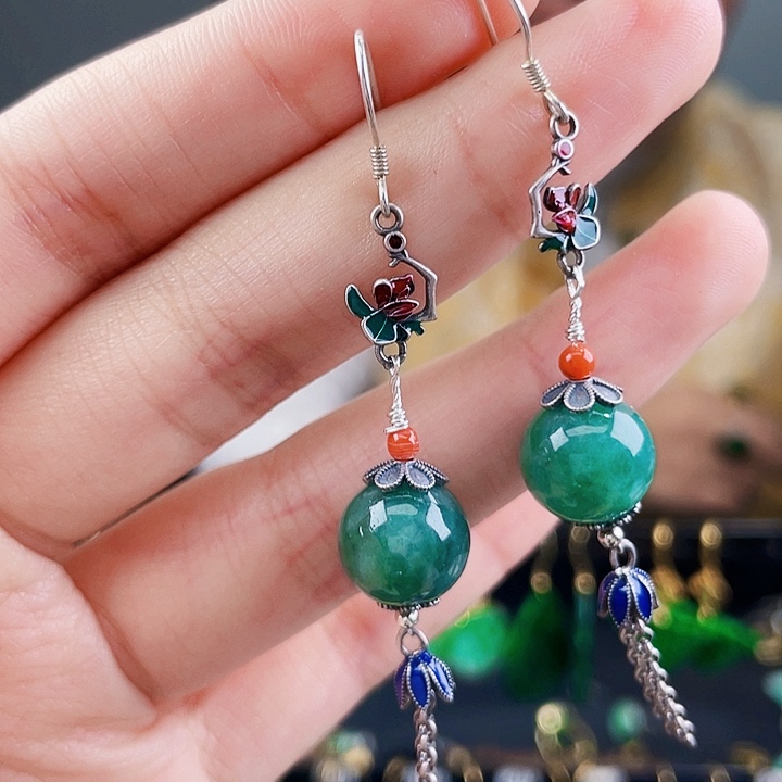 翡翠耳饰银S925镶嵌饰品