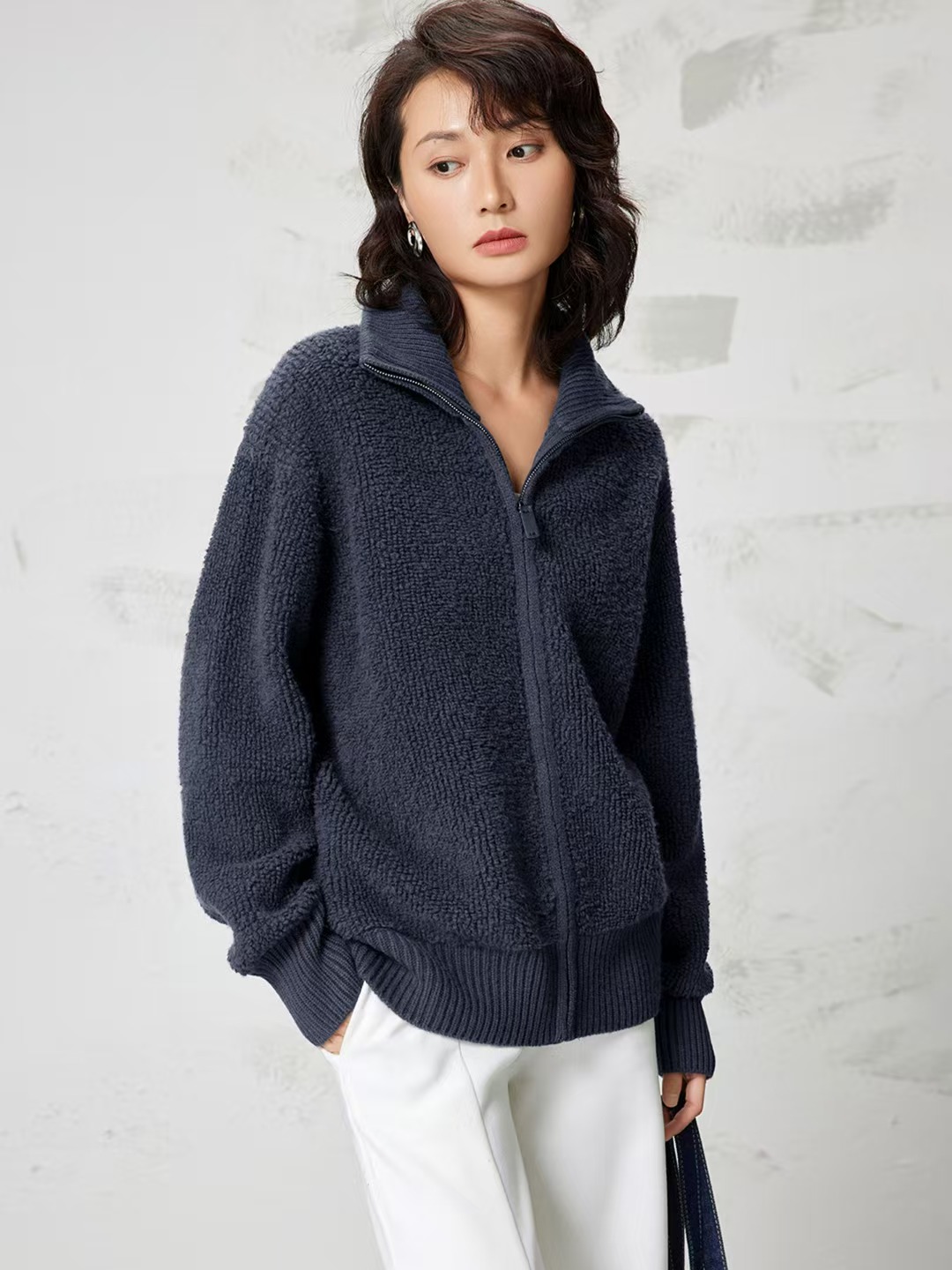 【毛巾绣外套】五股加厚100纯羊毛拉链开衫翻领高领秋冬款女针织衫