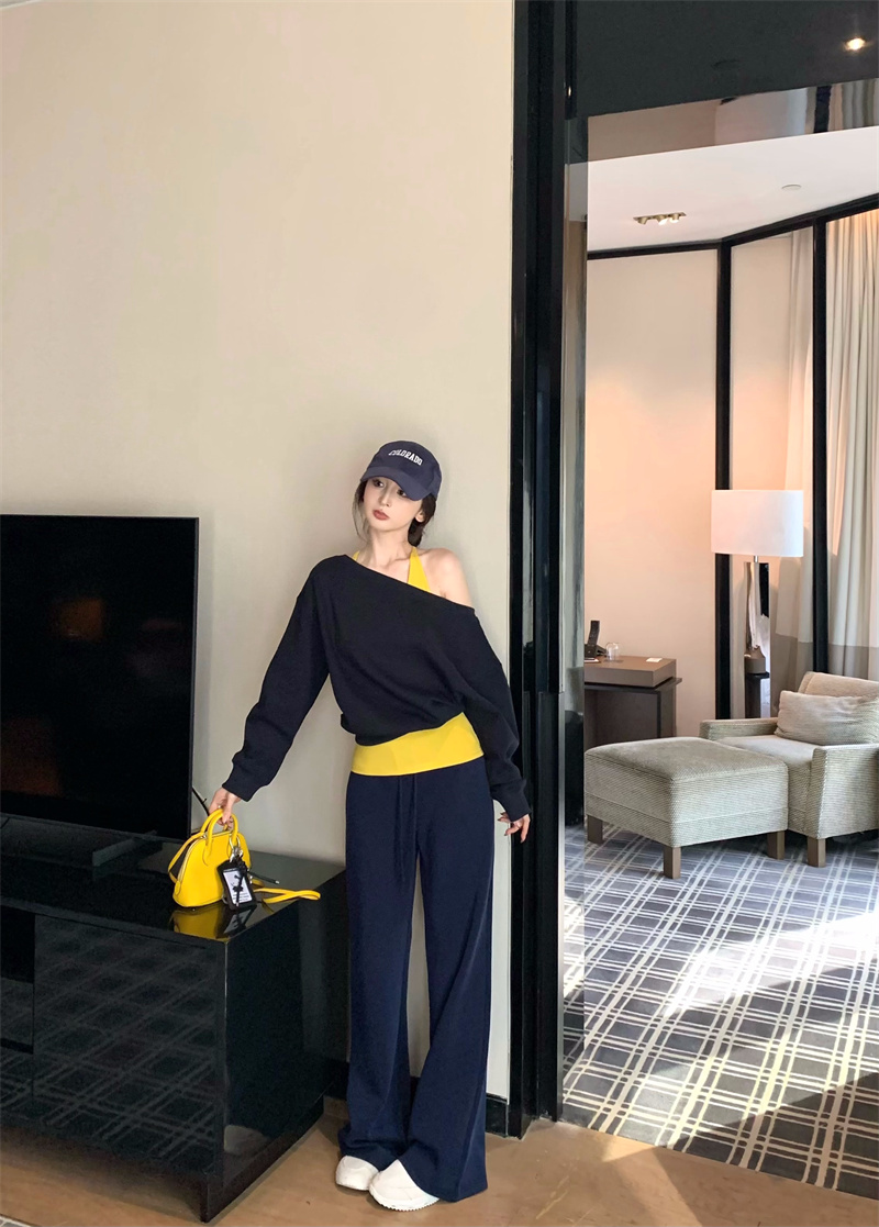 韩系气质撞色上衣露肩长袖卫衣内搭背心高腰直筒长裤套装