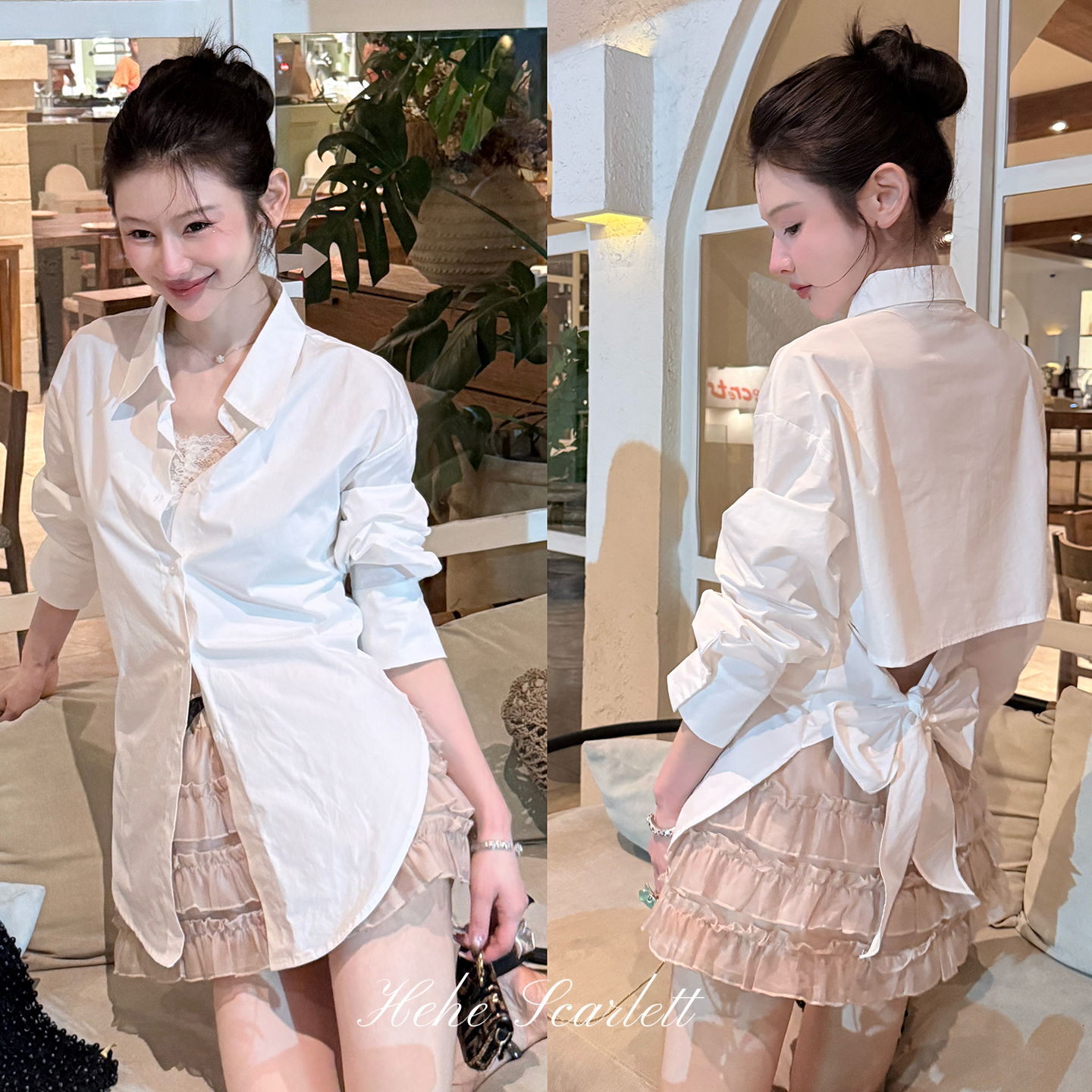 你的呵呵scarlett｜高质感蝴蝶结收腰衬衫全棉系带女