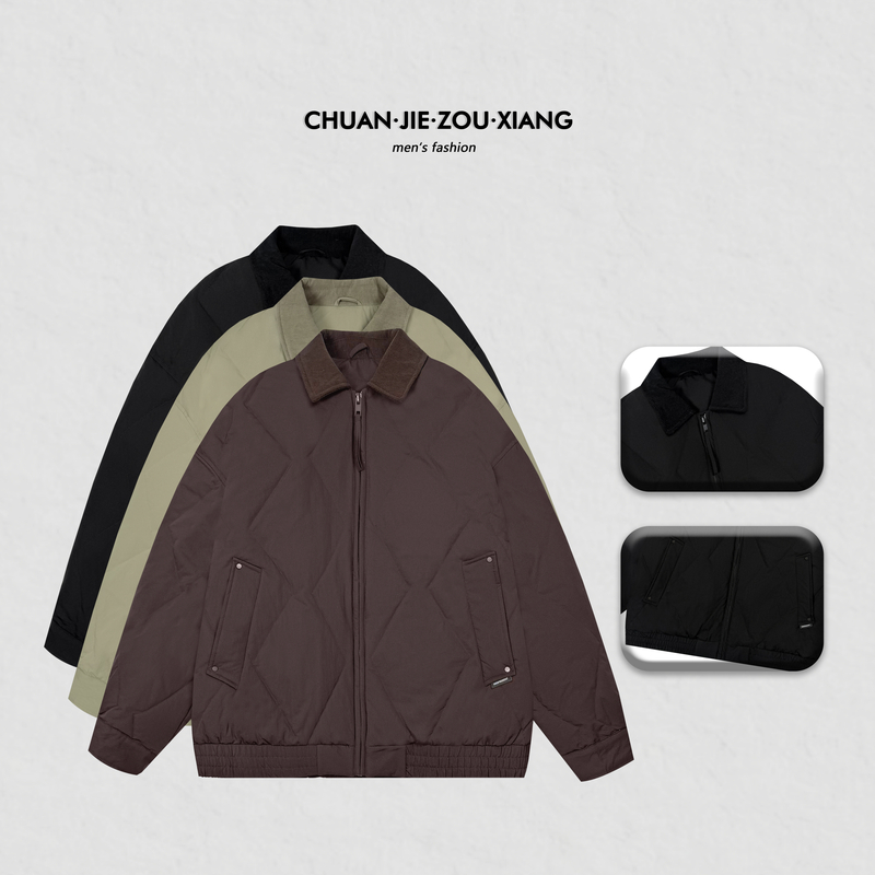 《穿街走巷》免烫极简风翻领常规款90绒菱形格锁绒羽绒服外套